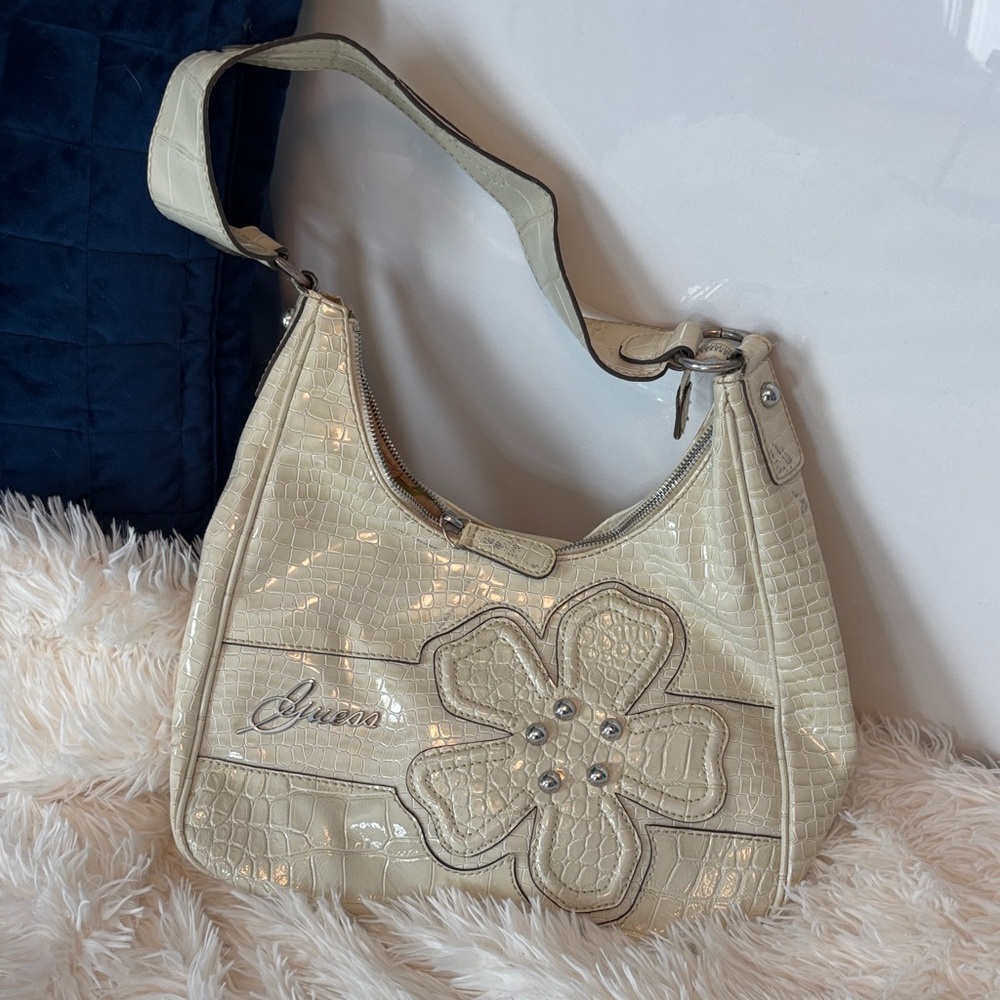 Guess Cream Croc-Embossed Shoulder Bag with Floral Accent